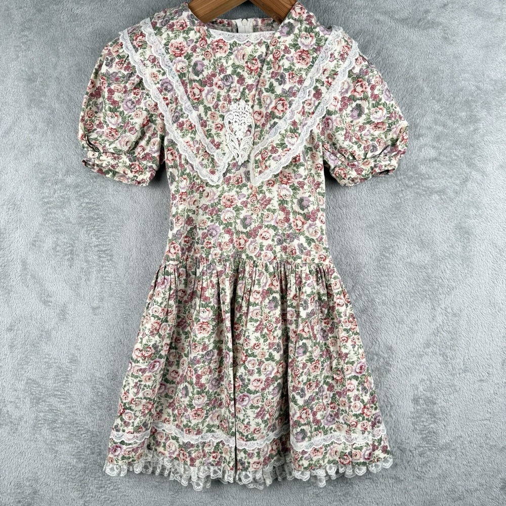 Jessica McClintock Gunne Sax Dress Womens 8 Pink Rose Lace Trim Vintage USA Made